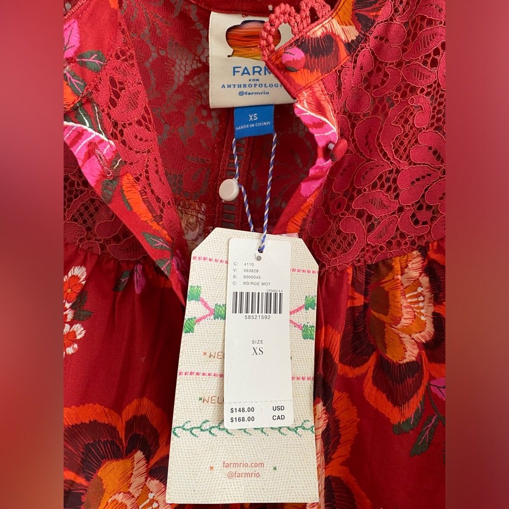 Anthropologie Farm Rio Giustina Lace Blouse top buttondown floral red new XS - Picture 3 of 14